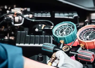 Mechanic working on a car's air conditioning system